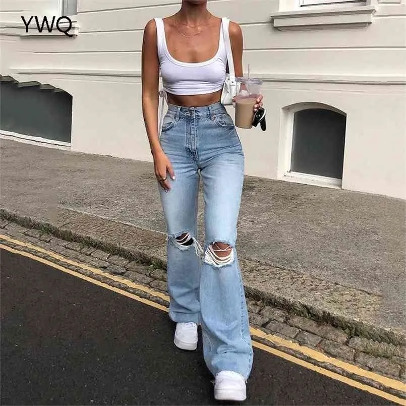 Y2k Hollow Out Women Bell Bottoms Ripped Jeans Zipper Mom High Waist Chic Flared Denim Pants Wide Leg Female Hole Trousers 210809
