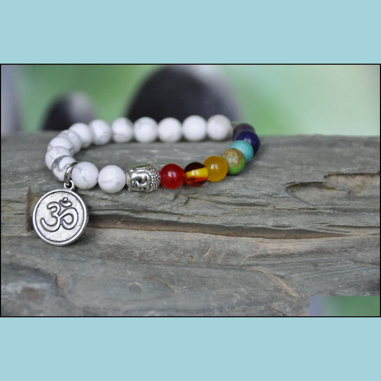 Buddha Bracelet,Lotus flower, Howlite Gemstone, wrist mala, 7 Chakra bracelet, , OM yoga ,mala prayer