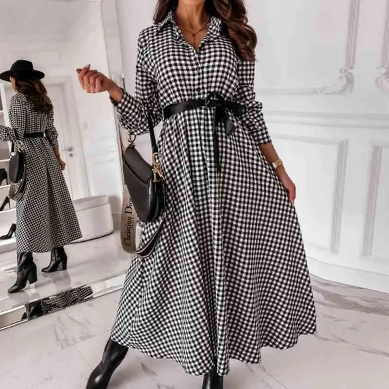 Vrouwen Plaid Lange Mouwen Shirt Jurk Lente Zomer Herfst Turn Down Collar Sjerpen Maxi Office Dames Lange Jurk Party Vestidos 210416