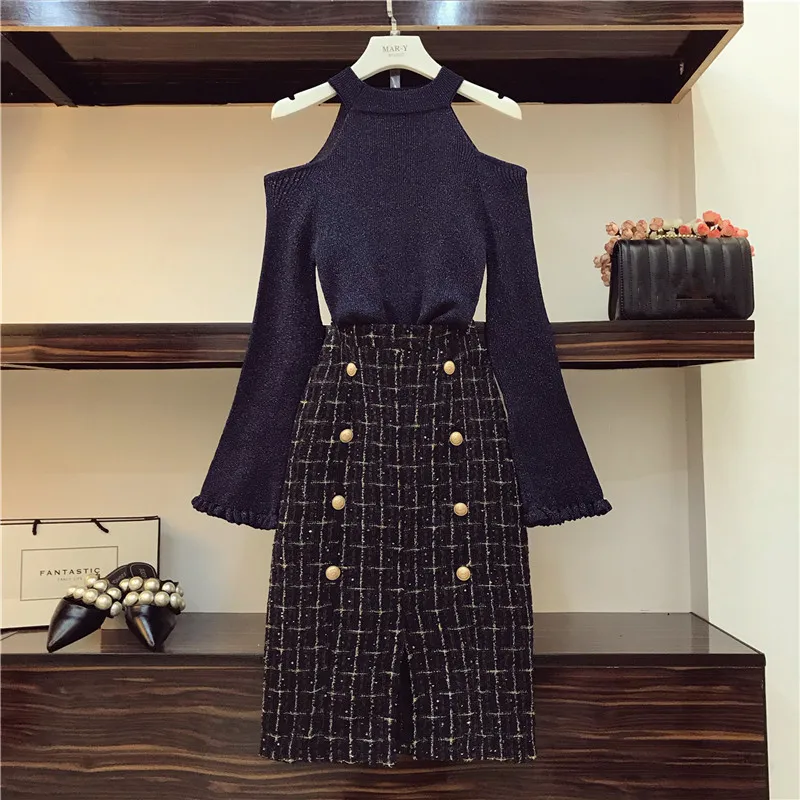 Lady 2 Piece Suit Sexy Flare Sleeve Cut Out Shoulder Knit Pullover Sweater+Plaid Double Breasted Split Tweed Skirt Set 210416