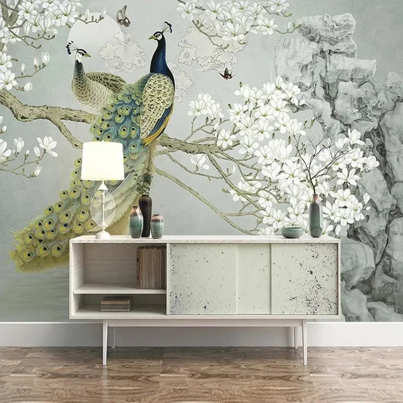 Custom Mural Autoadesivo Carta da parati 3D Peacock magnolia fiori pittura studio soggiorno sfondo home decor wallpaper impermeabile