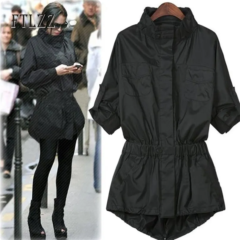 Primavera Outono Trench Coat Moda Mulheres Fino Blusão Plus Size Turtleneck Black Streetwear Outerwear 210525