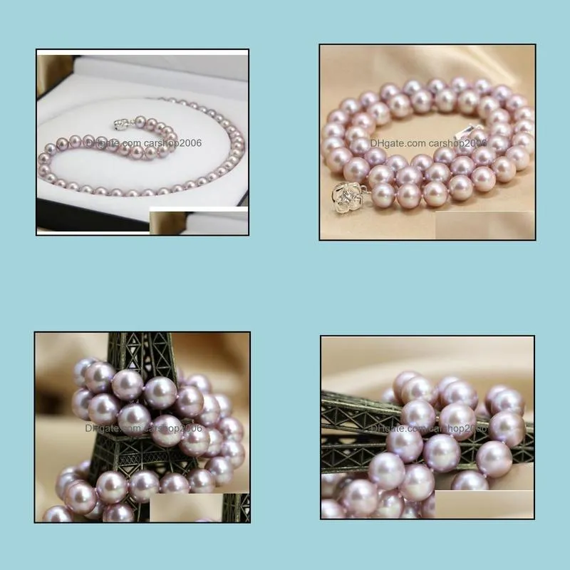 9-10mm Natural Purple Pearl Necklace 18 Inch Beaded Necklace 925 Silver Clasp For Women