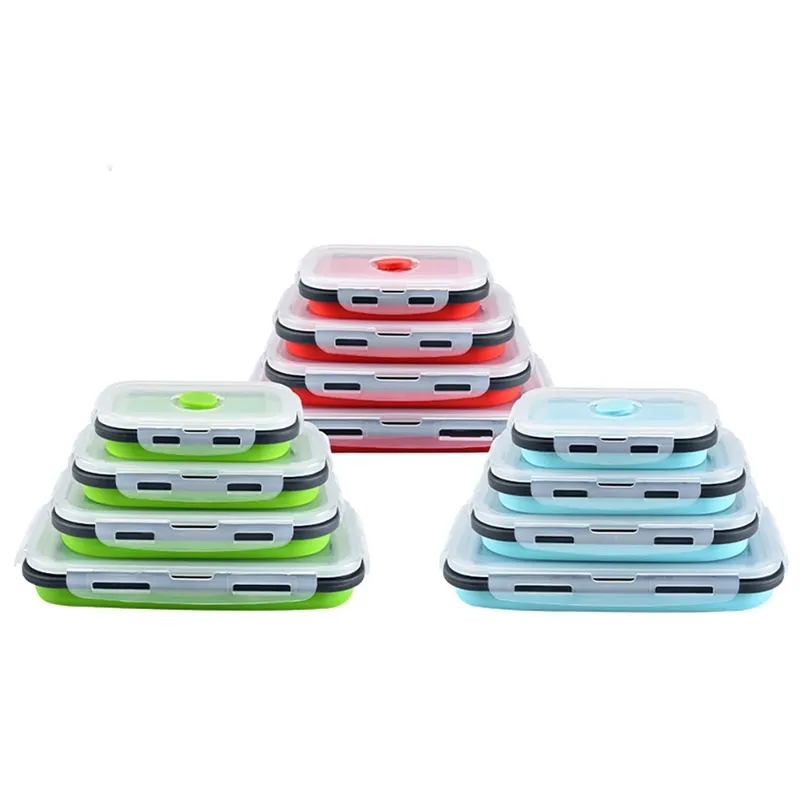 4 Pz BPA Free Silicone Pieghevole Contenitore per il pranzo all'aperto Contenitore per la conservazione degli alimenti Eco-Friendly Microwavable Portable Picnic Camping 210925