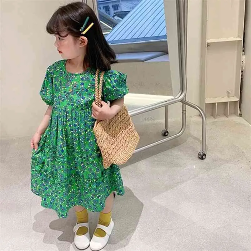 Summer Girls Dress Trimmed With Agaric Laces Green Flower Short Sleeve Sweet Princess Baby Kids Children'S Clothing 210625