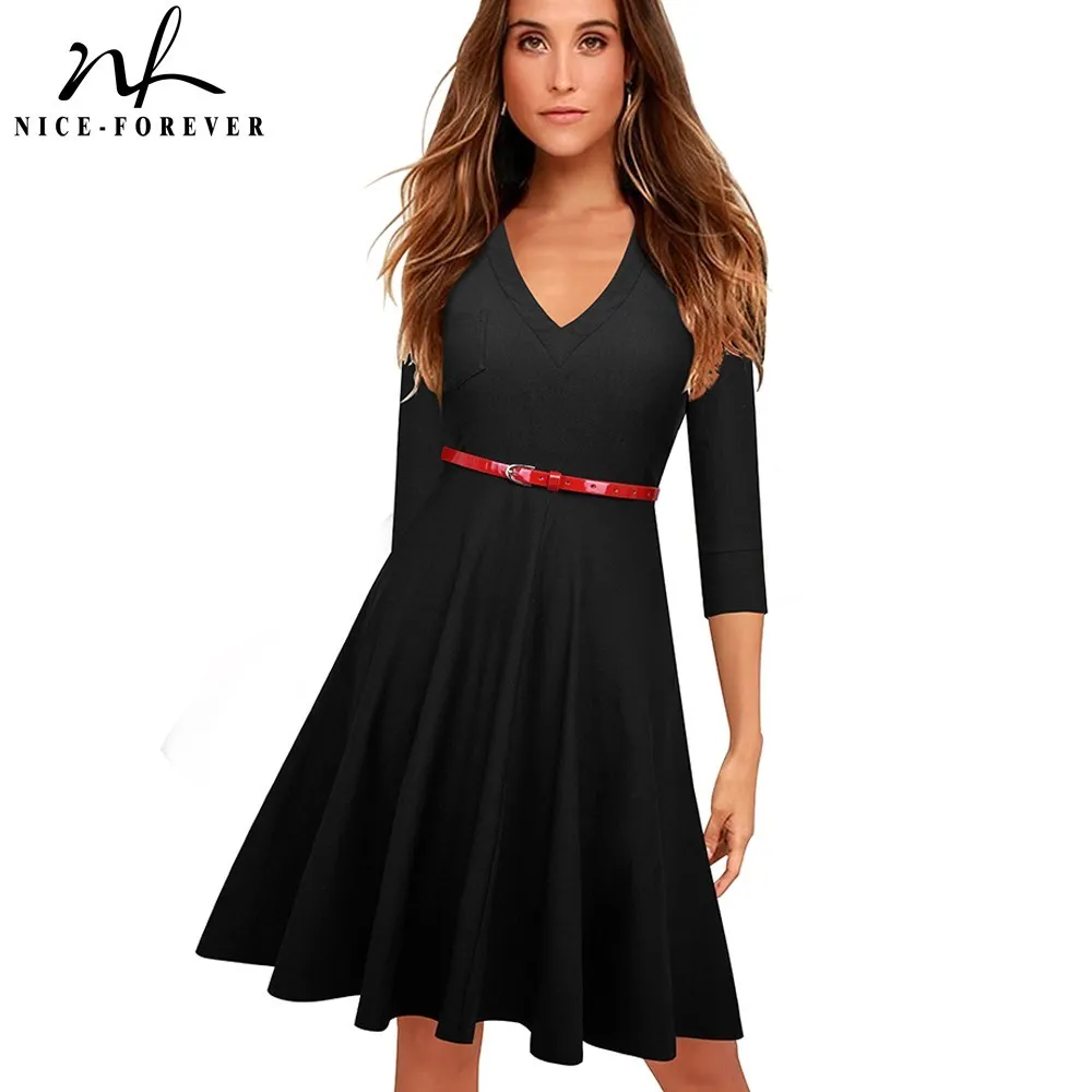 Nice-Forever Outono Mulheres Knee Comprimento Retro 1950 com vestidos de faixa Cocktail Festa Balanço Feminino Dress Bya006 210419