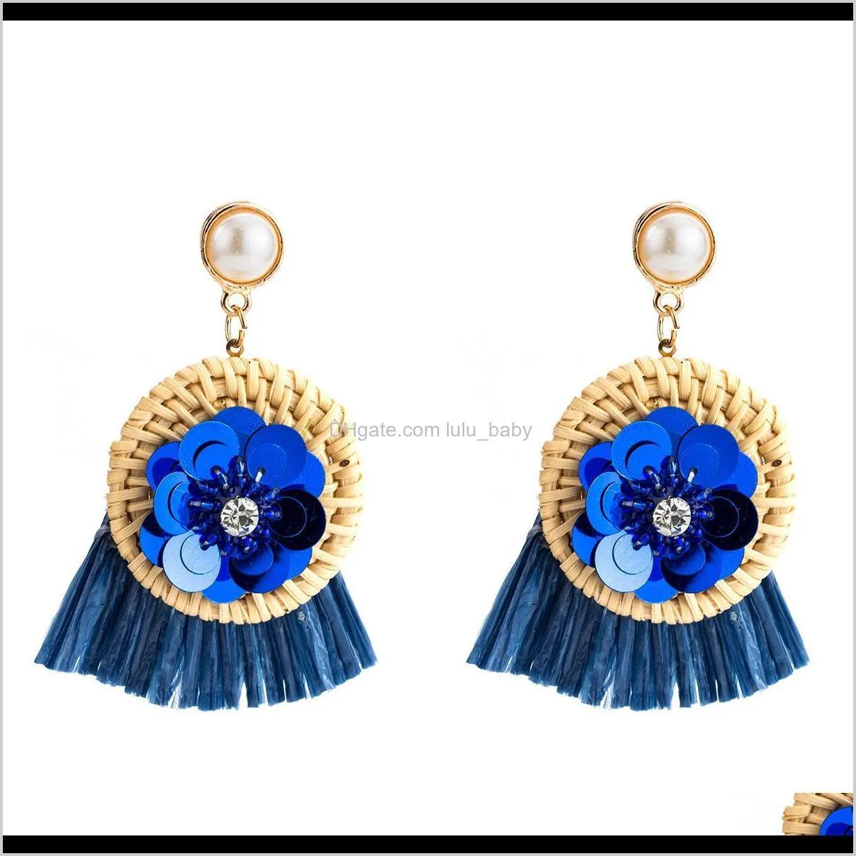 rattan woven sequins with diamond lafite tassel earrings multi-layer exaggerated earring