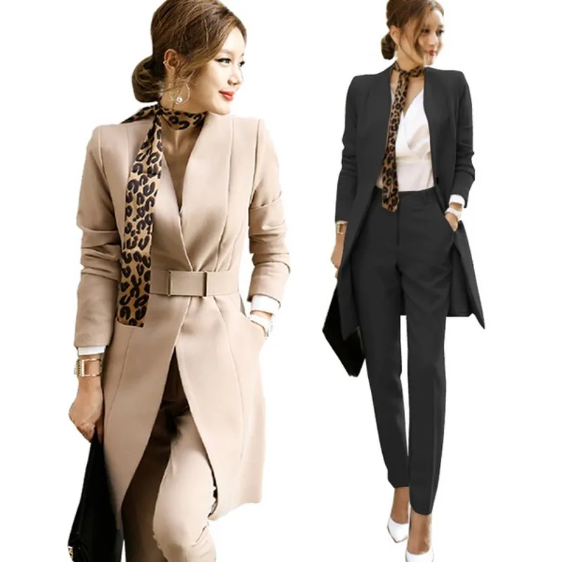 Affaires automne femmes 2 pièces ensemble formel à manches longues col en V blazers manteau + OL crayon pleine longueur pantalon costume avec ceinture 210514