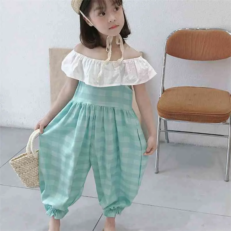 Girls' Jumpsuit Elastic Doll Collar Plaid One-Shoulder Sleeveless Trousers Fresh Summer Children'S Wear Clothing 210625