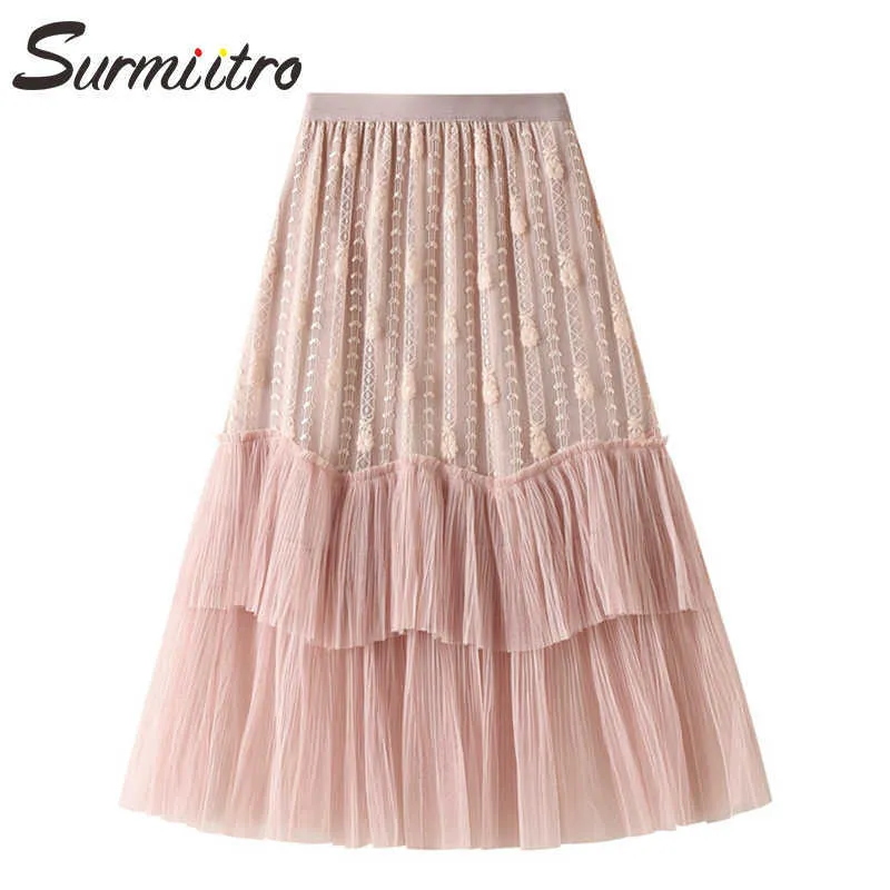 SURMIITRO été longue jupe en Tulle femmes Style coréen maille dentelle Patchwork taille haute esthétique Midi jupe plissée femme 210712