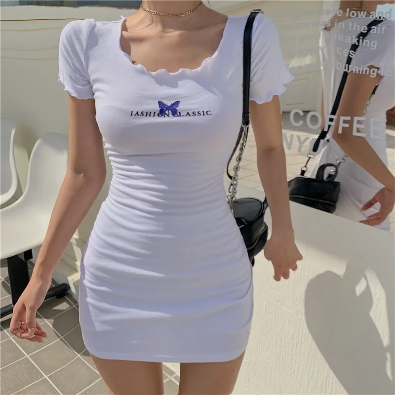 Sundranse Butterfly Outfit Mini Korte Mouw Zomer Kleding voor Y2K White 2000s Esthetische 210604