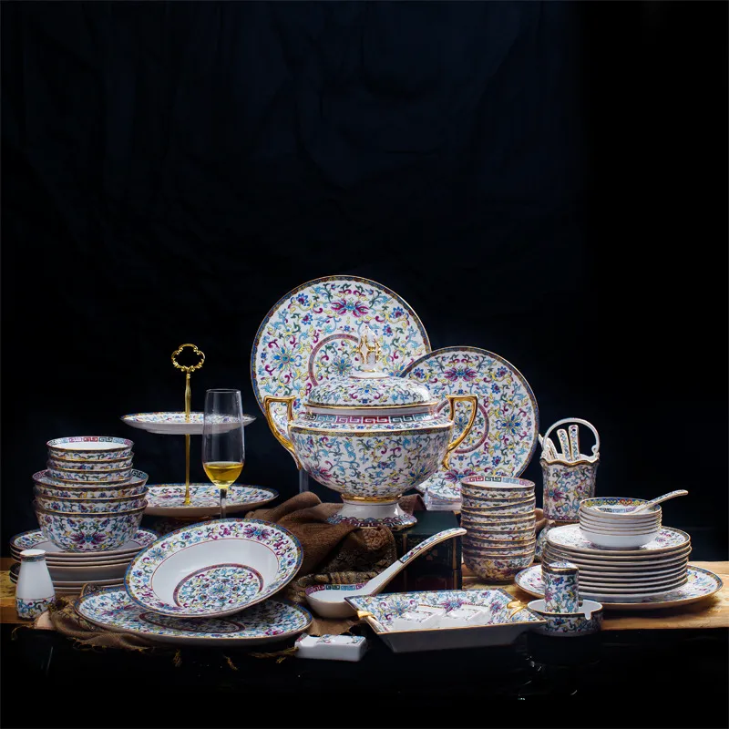 Jingdezhen Luxury Dinner Eware Set Bone China Gilding White Gold Emamel Imperial Palace Style 86 PCS Tabaleware Plates Rätter Skålar Porslin för gåva