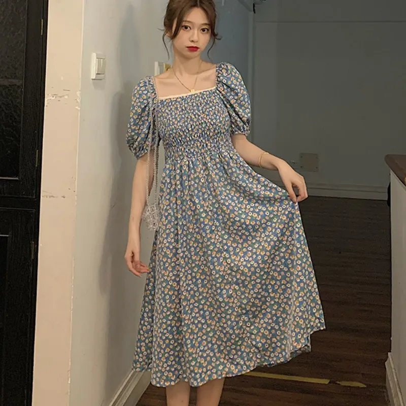 Verão Womens Vintage Flor Buff Manga Chiffon Vestidos Coreano Elegante Quadrado Collar Casual A-Linha Midi Dress Femme 210518