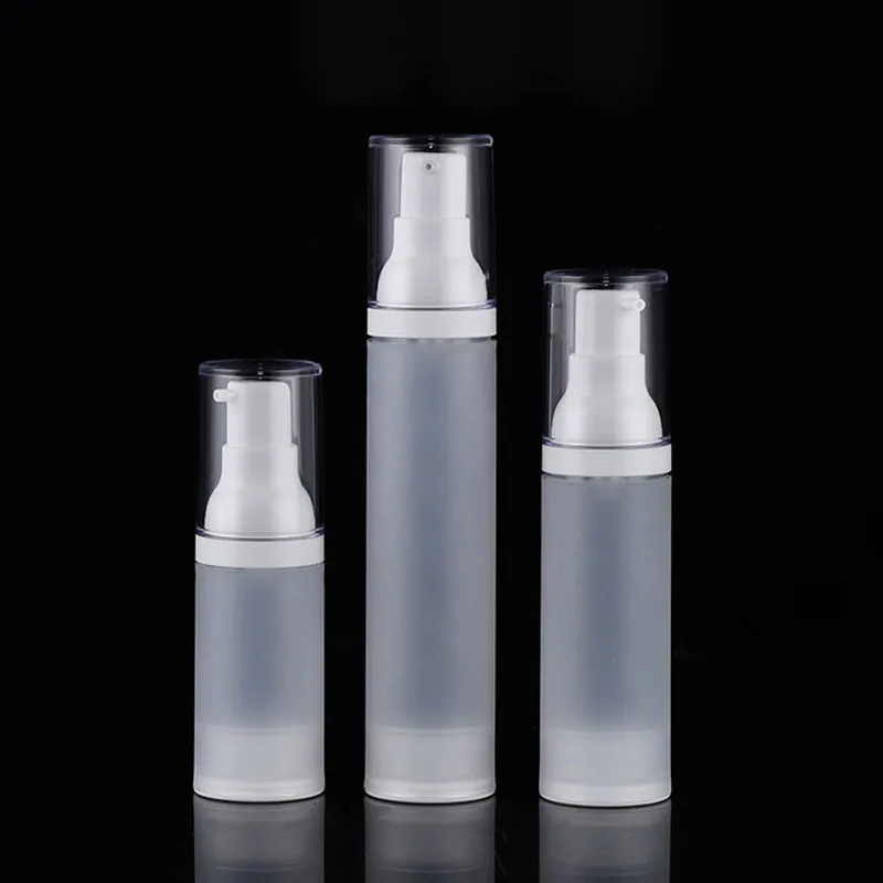 15 30 50 ml frostat luftfri pumpflaska Refillable Travel Lotion Containrar Vaccum Fine Mist Spray Flaskor Plastkosmetisk dispenser