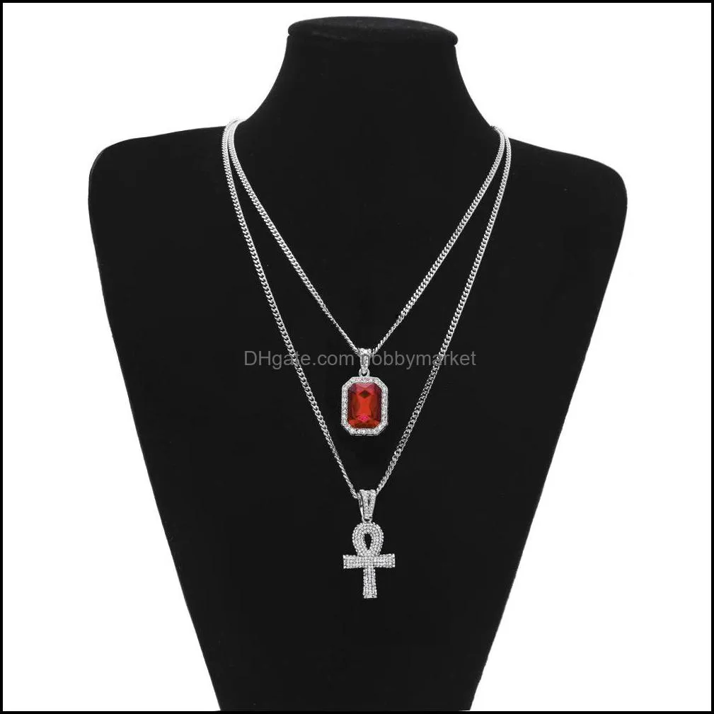 Hanger Kettingen Hangers Sieraden Iced Out Egyptische Ankh Key Of Life Ketting Set Bling Cross Mini Edelsteen Goud Sier Ketting Voor Heren Heup