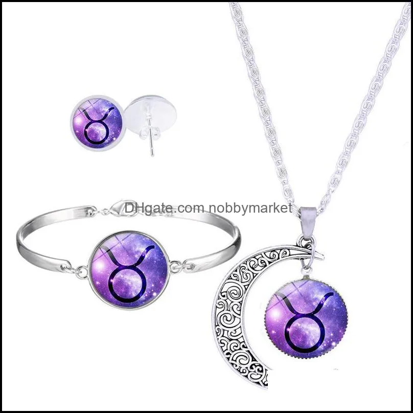 Fashion 12 zodiac sign Pendant Moon necklace Stud Earrings Bracelets Set For women Glass cabochons Horoscope constellation Jewelry