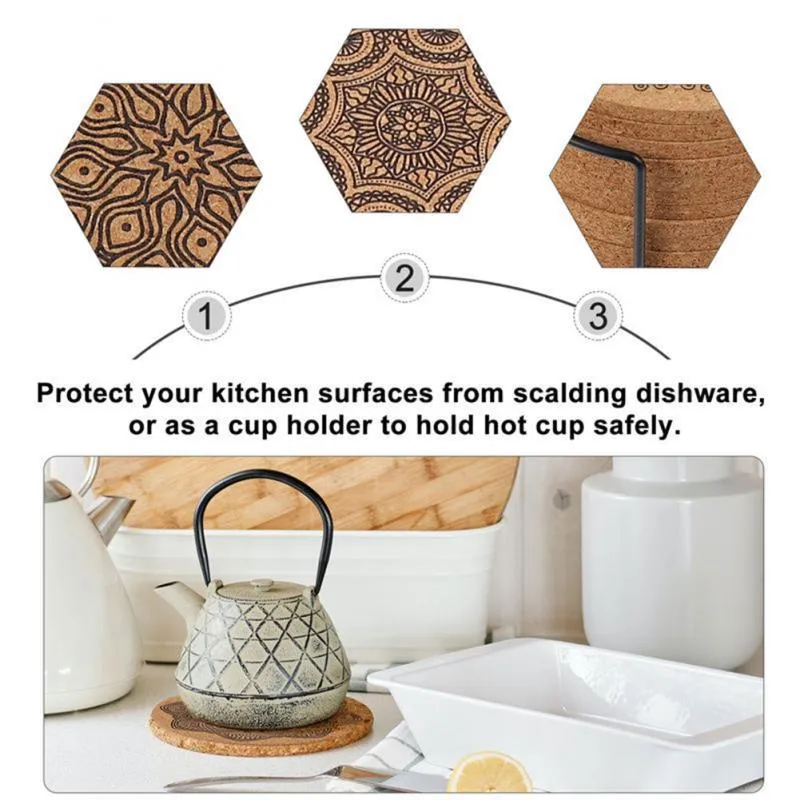 Mats & Pads 6 Pcs Nordic Mandala Design Round Shape Wooden Table Mat Coffee Cup With Storage Stand Home Decor