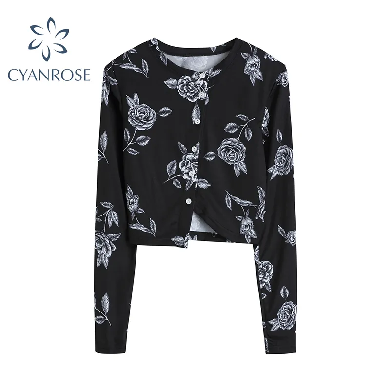 Black Long Sleeve Graphic Tees Women Floral Print Single Breasted O Neck Vintage Short T shirt Lady Stretchy Slim Sexy Crop Top 210417
