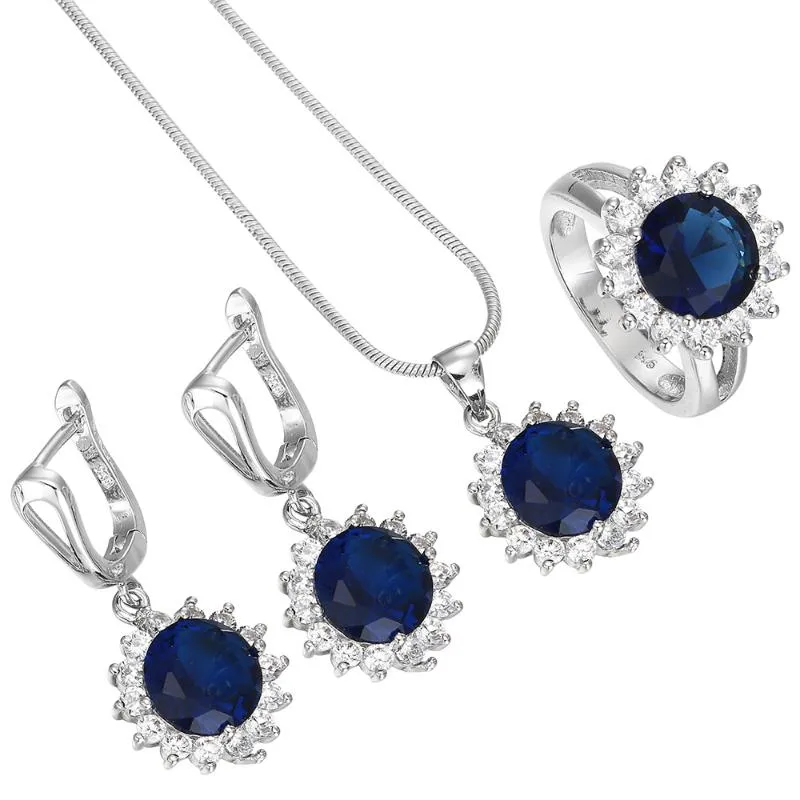 Boucles d'oreilles collier ensembles de bijoux bleu foncé rond Zircon couleur argent forme de fleur fiançailles pour les femmes cadeau