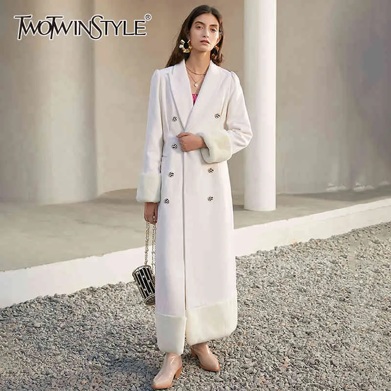 Deuxtwinstyle Tweed manteau blanc pour femmes col en V à manches longues double boutonnage tempérament manteaux femme hiver à la mode 210517