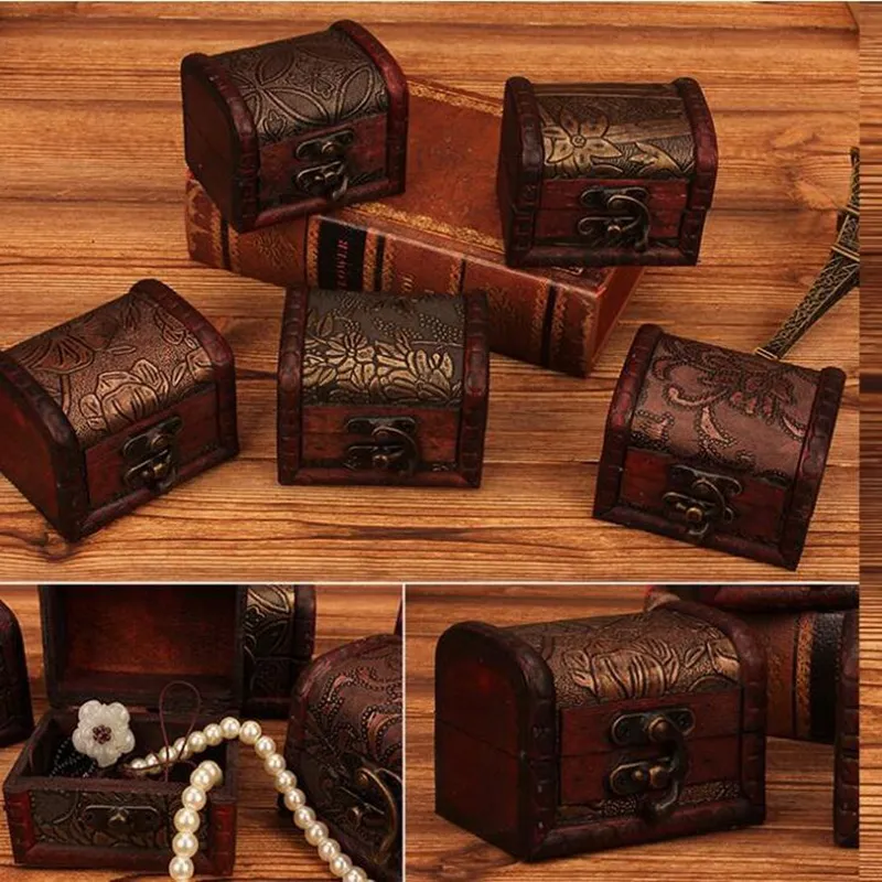 Boîtes à bibelots Vintage vides 8x6x6cm, boîte de rangement de bijoux en bois, coffre au trésor, étui à bijoux, décor artisanal pour la maison, motif aléatoire