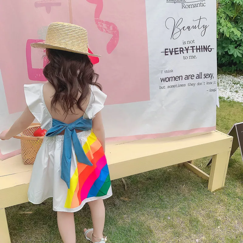 Sleeveless Cute Kids Clothes Girl Dress Summer Toddler Baby Princess Rainbow Back Bow Children 210515