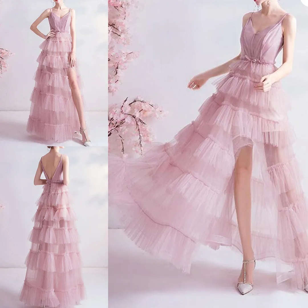 Robe de soirée fendue, dos nu, rose, à volants, ligne A, robes de bal de luxe, robes de soirée, 2021