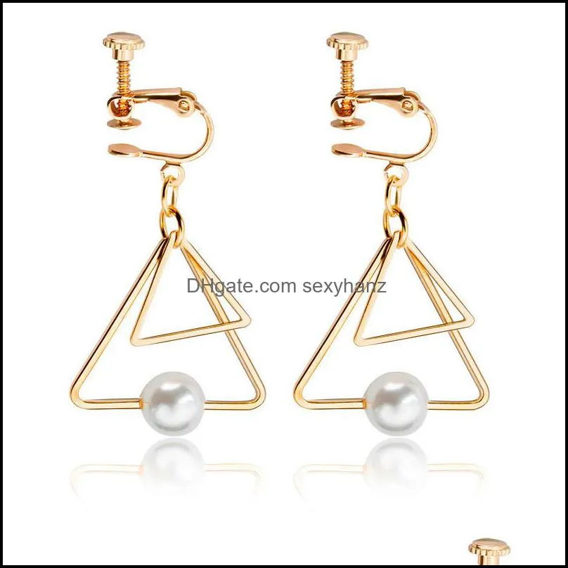 Double Triangle Pearl Earrings Stud Hook Metal Geometric Silver Dangle Ear Cuff Women Alloy Screw Party Gift Hollow Earring Jewelry Accessories