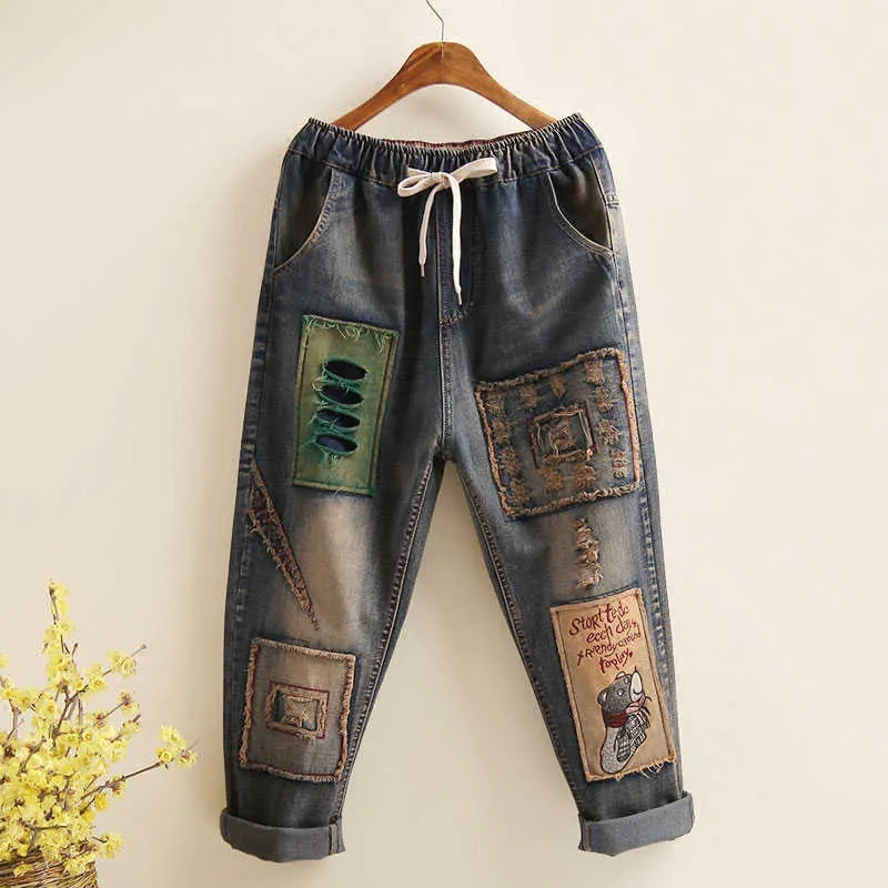 Арт стиль лоскутное вышивка свободно винтажные женщины джинсы дыра дизайн эластичные талии все хлопковые джинсовые дамы гарема брюки D101 210616
