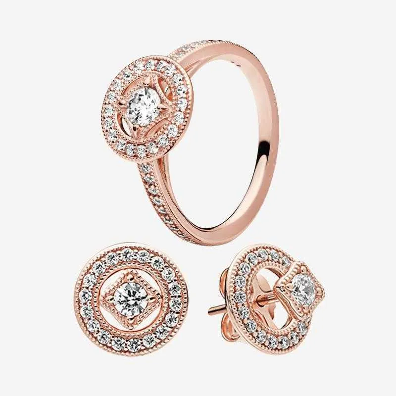 Luxury Wedding Jewelry sets 18K Rose gold Vintage Circle Ring & Earring with Original box for pandora real 925 Silver Rings earrings