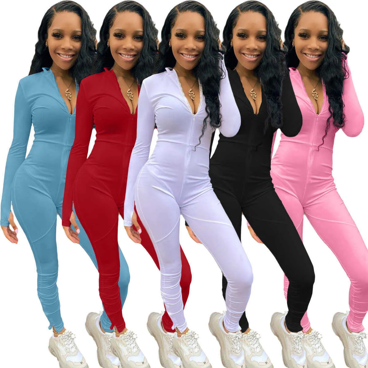 Womens Sexy Onesies Fashion Solid Color Jumpsuits Slim Long Sleeve Zipper Rompers Ladies Casual Sleeveless Long Pant One Piece Clothing