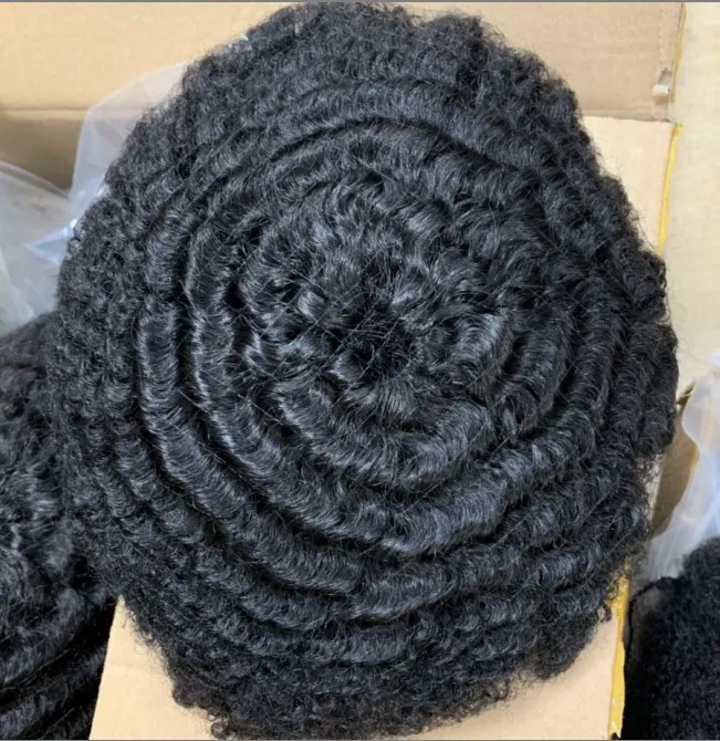 8mm Dalga Tam Dantel Erkek Ünitesi Brezilyalı Bakire İnsan Saç Değiştirme 6mm Dalgalı Peruk 4mm Afro Curl Hairpieces # 1 / Gri Yaşlı Erkekler için Hızlı Ekspres Teslimat