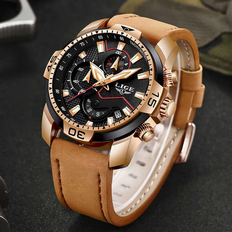 Homens Assista Lige Marca Moda Esportes Quartz Relógios De Couro Mens Impermeável Cronógrafo Relógio Negócios Relogio Masculino + Box 210527