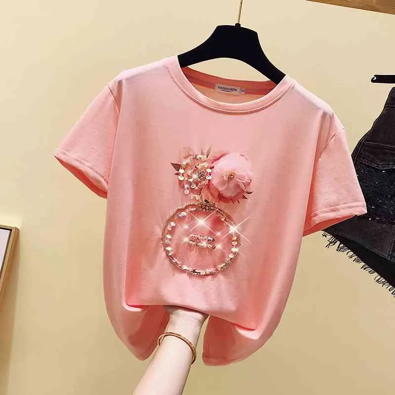 Kore Tarzı kadın Pullu Çiçek Pamuk Kısa Kollu T-shirt Yaz Tee Kızlar Bayanlar Kazak Casual Tops Tees A2546 210428