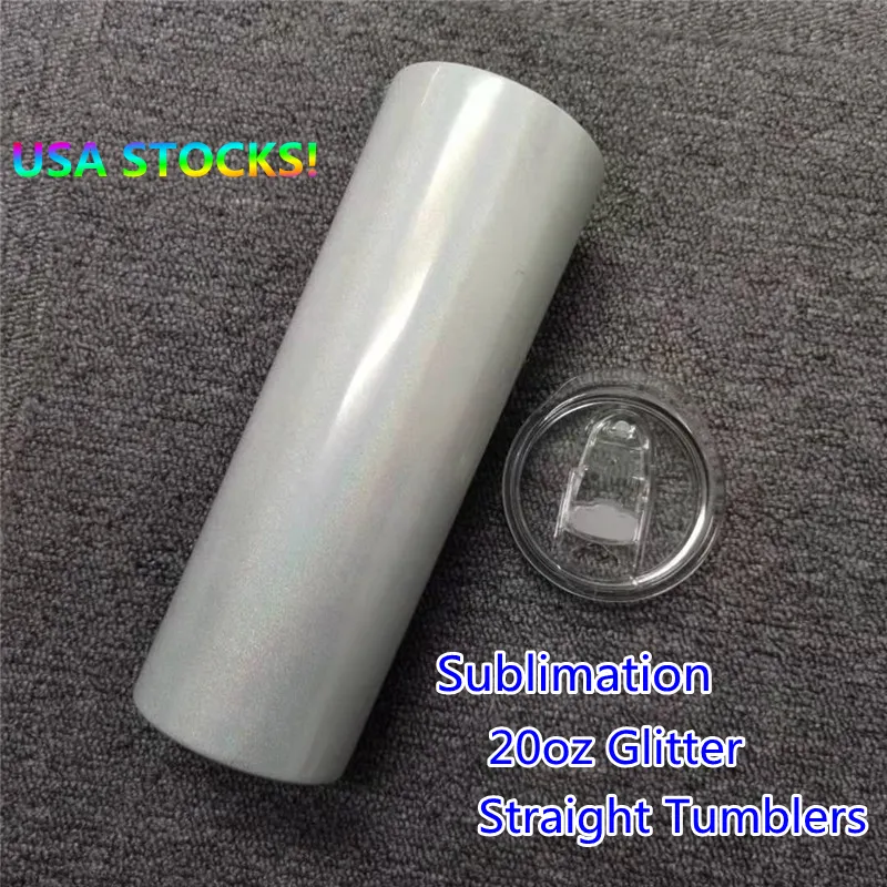 LOCAL WAREHOUSE Sublimation Glitter Straight Skinny Tumblers 20oz Stainless Steel Double Walled Insulated Vacuum Blanks Rainbow Water Bottles Holographic Mugs