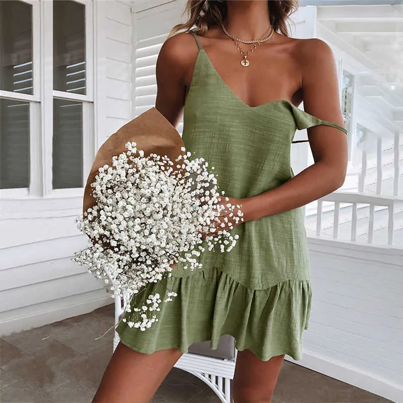 Spaghetti Strap Dresses Off Shoulder Women Summer Dress 2021 White Shift Dress Ruffle Sexy Sundress Mini Cotton Linen Vestidos Y0603