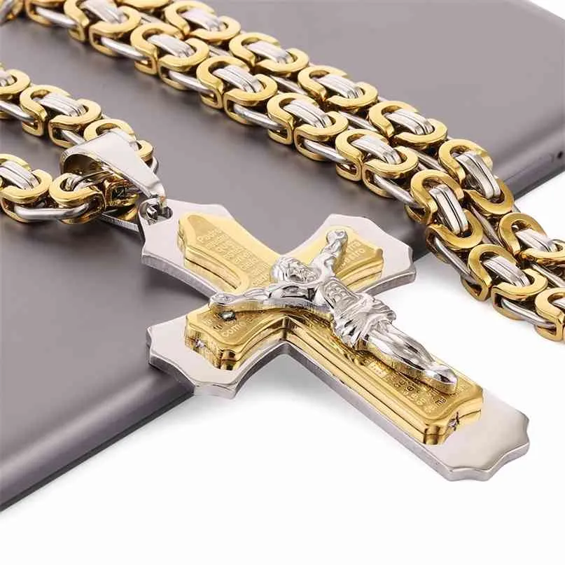 Multilayer Cross Christ Jesus Pendant Necklace Stainless Steel Link Byzantine Chain Heavy Men Jewelry Gift 21.65" 6mm MN78 210721