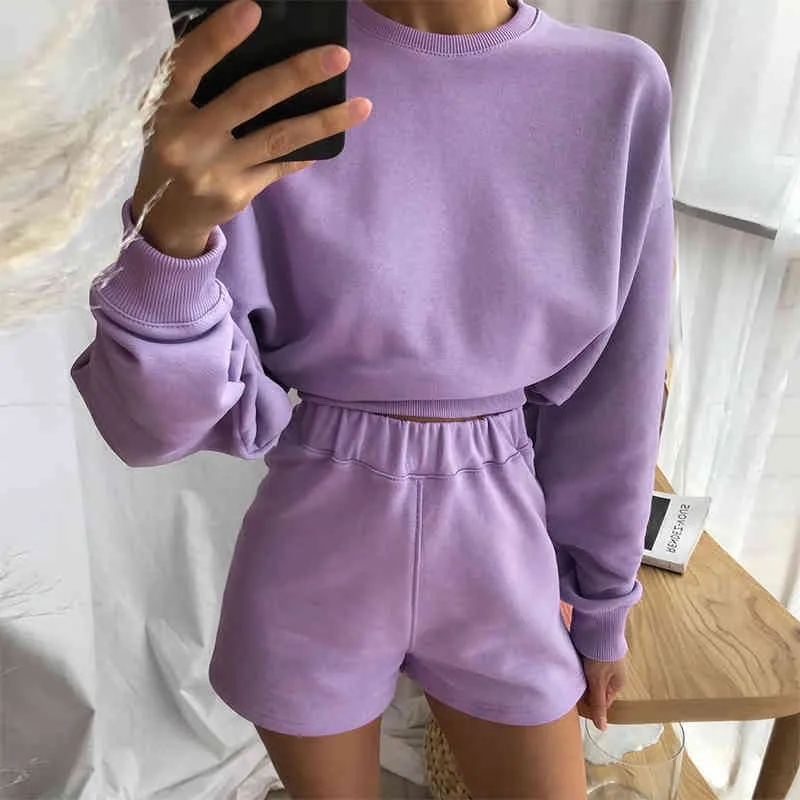 Casual Solide Frauen Trainingsanzug Crop Sweatshirt und Shorts Zwei Stück Set Winter Lounge Wear Sweat Anzüge Outfits Weibliche Kleidung 210415