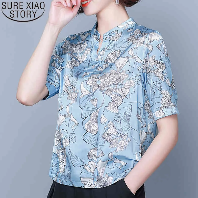 Women's Shirt Print Satin Blouse Fashion Summer Silk Blouses Women Short Sleeve Plus Size 4XL Tops Blusas Clothes 10331 210417
