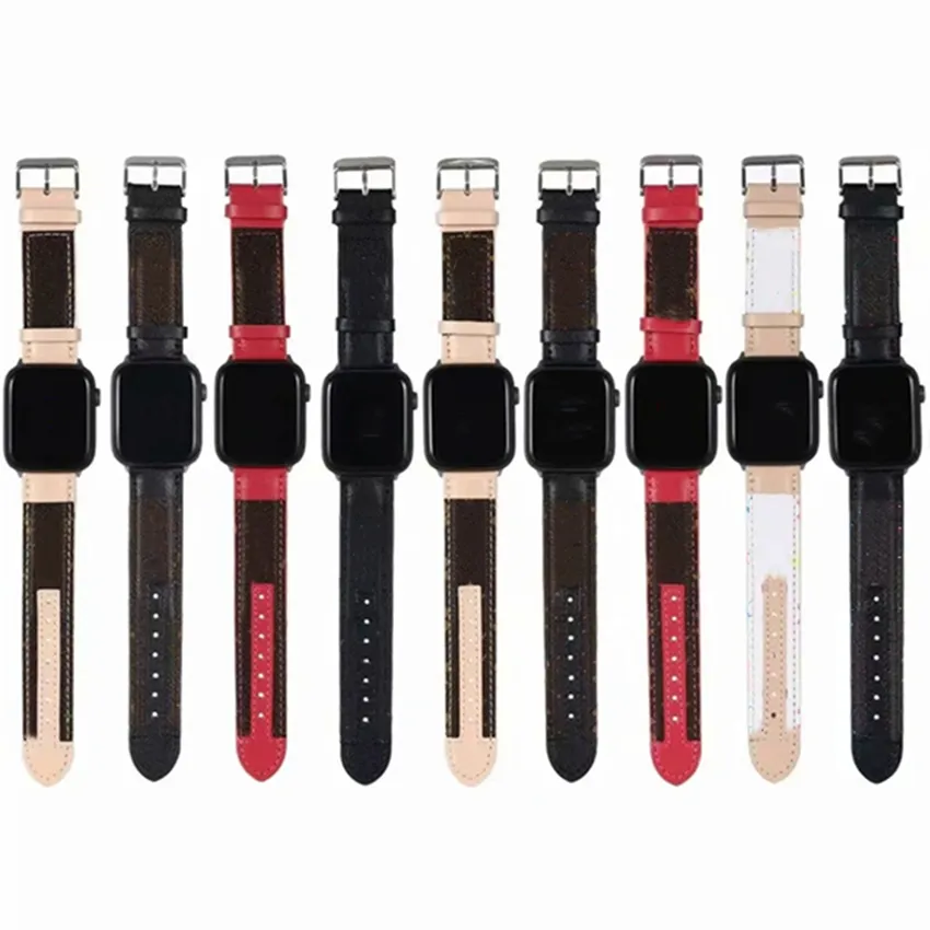 Designers Straps Splicing Lerher Bands Stitching för Apple Watch Iwatch 123456 SE Smart Band 38mm 40mm 42mm 44mm Fashion Luxurys armband