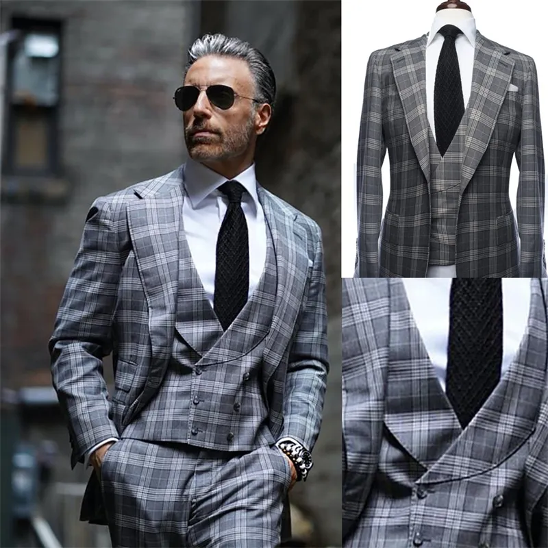 Nowoczesny design 3 sztuki Tuxedos Men Suit Grey British Plaid Wedding Wedding Tuxedos Dostosowane przyjęcie przyjęcia Przystojne formalne kamizelki spodni