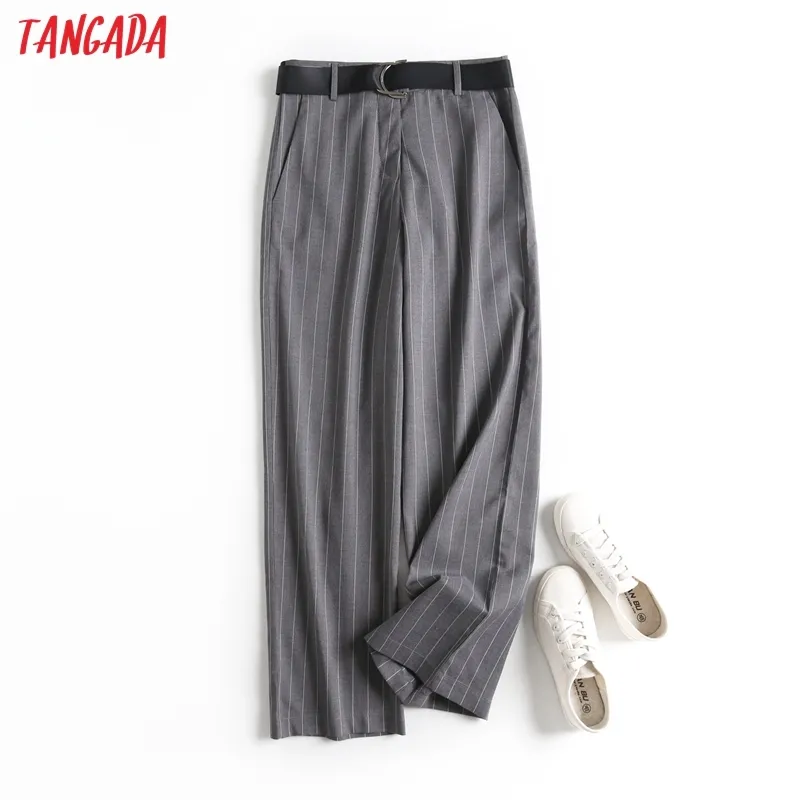 Moda Kadınlar Çizgili Takım Pantolon Slash Cepli Düğmeler Ofis Lady Pantolon Pantalon 6D22 210416