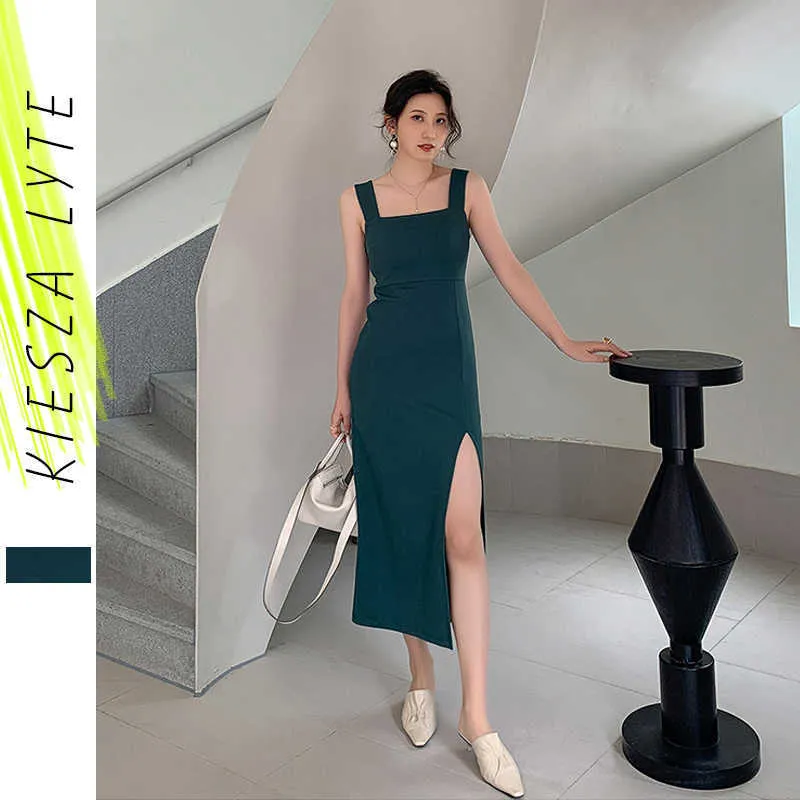 Sexy Bodycon Dress Woman Elegant Green Sleeveless Strap Slit Midi Evening Party Dresses Summer Office Lady Workwear 210608