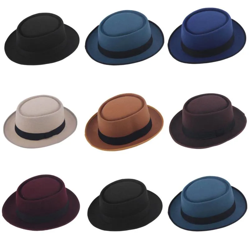 Mistdawn Herren Damen klassische Filz-Porkpie-Kappe Upturn Porkpie-Hut mit kurzer Krempe, schwarzes Bandband, Größe 7 1/4, breite Hüte