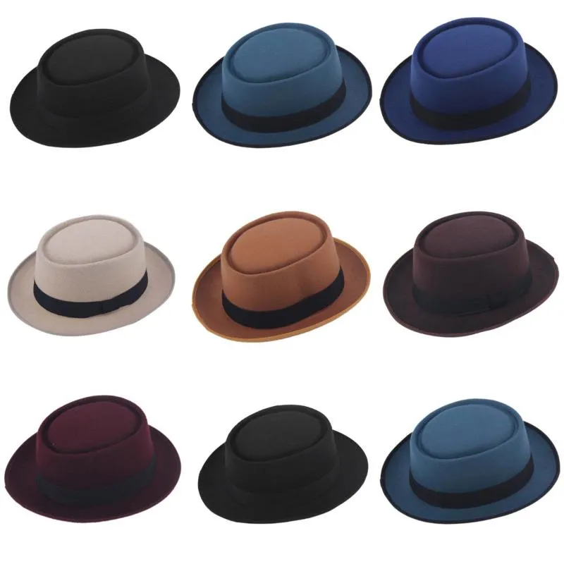 Mistdawn Hombres Mujeres Clásico Fieltro Pork Pie Cap Upturn Ala corta Porkpie Hat Black Ribbon Band Tamaño 7 1/4 Wide Sombreros