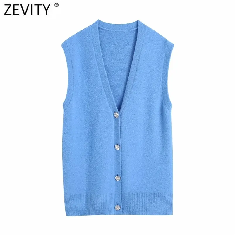 Zevity Women Fashion V Neck Solid Diamond Knappar Mjuk Stickning Tröja Kvinna Ärmlös Casual Vest Chic Cardigans Tops S648 210812