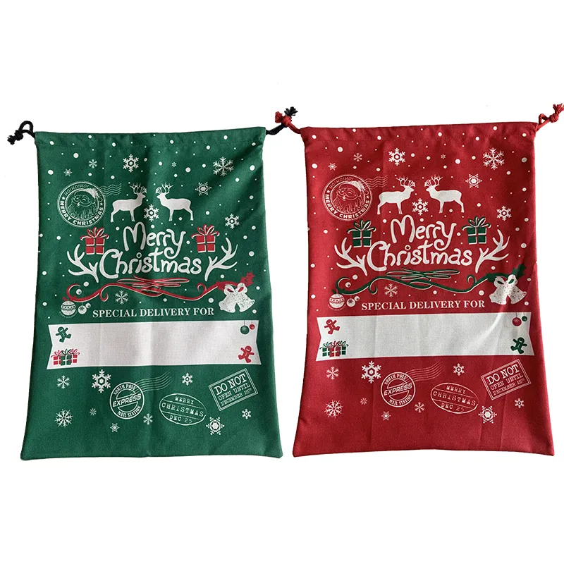 Últimas Lona Sublimação Santa Saco Desenhos animados Elk Floco de Neve Decoração de Natal Maçã Doces Presente Sacos com cordão