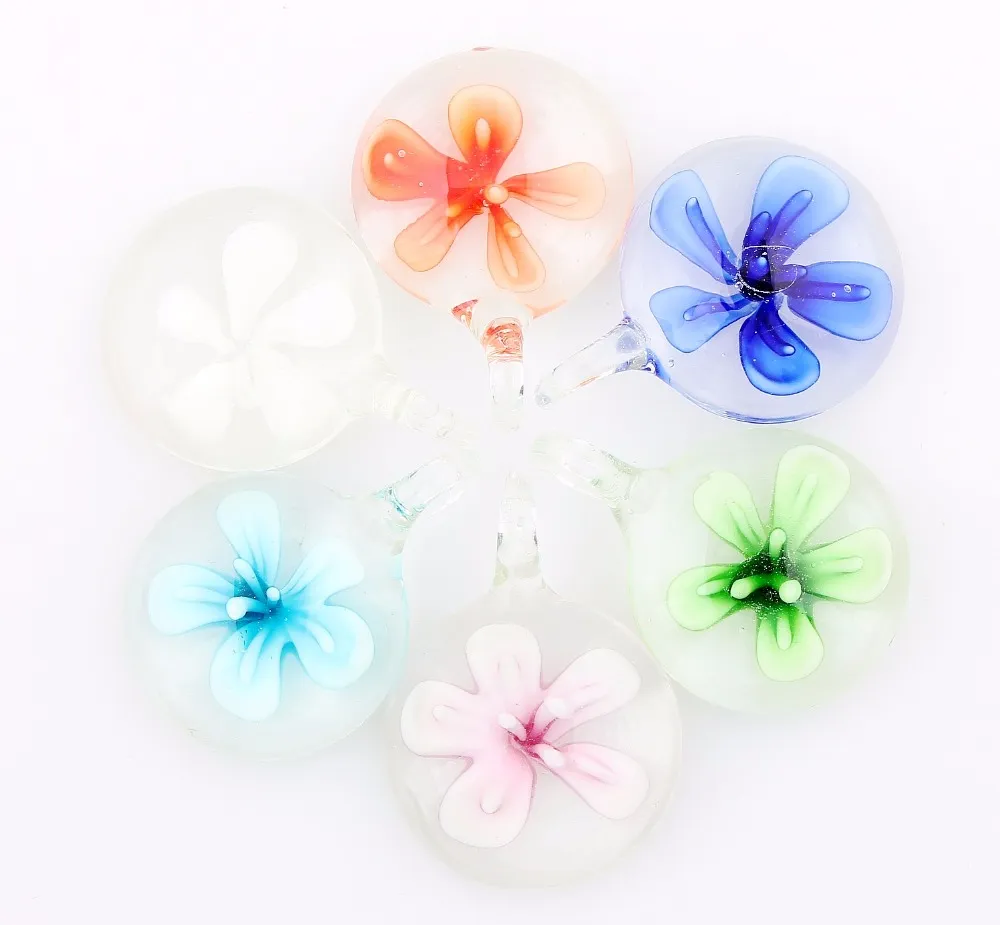 Mode Großhandel 6 stücke Anhänger Handgemachte Murano Lampwork Glas Mischung Farbe Runde Blume Anhänger Fit Halskette