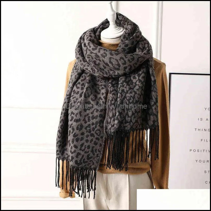 Fashion style leopard print women scarf winter warm cashmere scarves lady knit shawls foulard female neck 211231