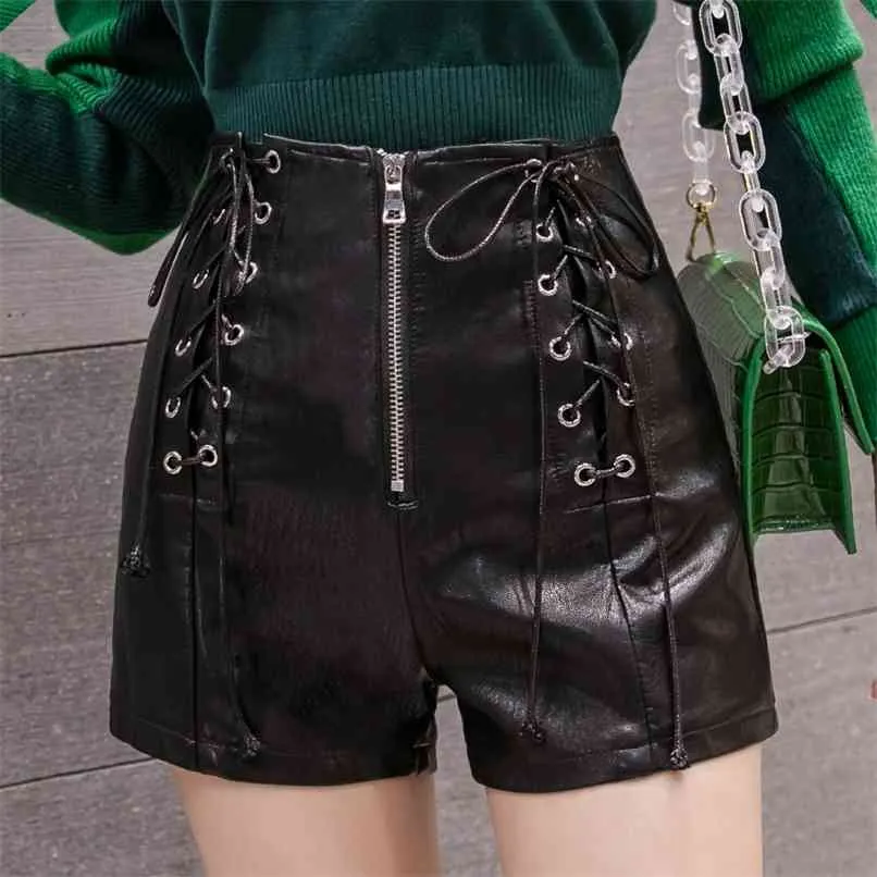 PU Leather Shorts Women Korean Boots Bandage Zipper High Waist Casual Midi Female Plus Size Black 210601